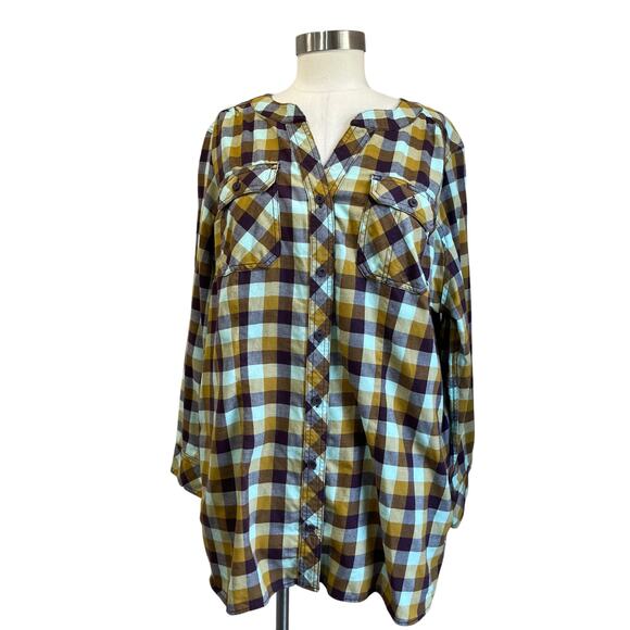 Duluth Trading Flannel Tunic Plaid Long Sleeve Cotton Blend Button Shirt 1X - Picture 1 of 9